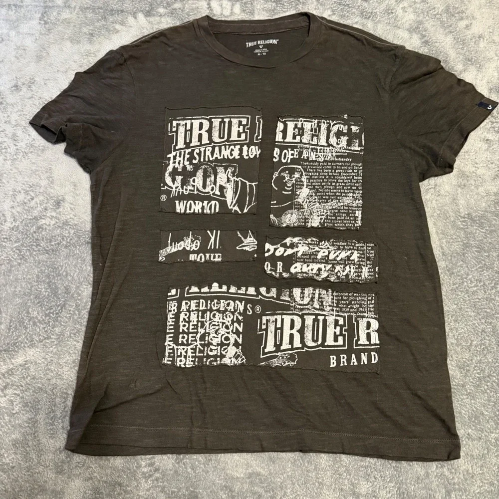 True‎ Religion Men XL Graphic Print Cut Up Buddha Tee Shirt Charcoal Gray